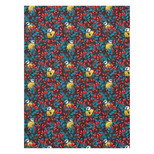 Nappe Oiseaux et hanches roses de chien, bleu et rouge (Devant)