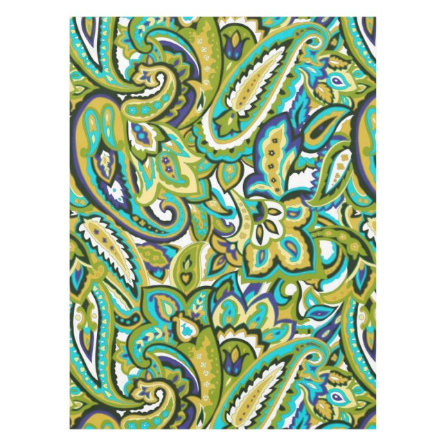 Nappe Olive Green Mustard Jaune Turquoise Blue Paisley (Devant)
