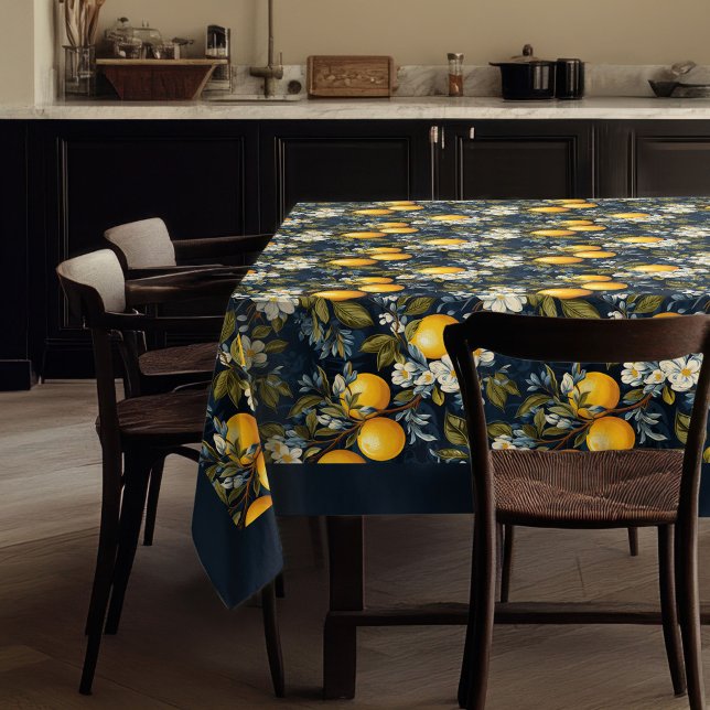 Nappe Oranges méditerranéennes vibrantes fruits bleu mar (Mediterranean vibrant oranges fruits navy blue tablecloth)