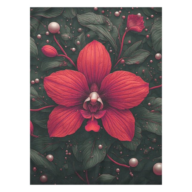 Nappe Orchidée rouge en fleurs avec des feuilles vertes (Devant)