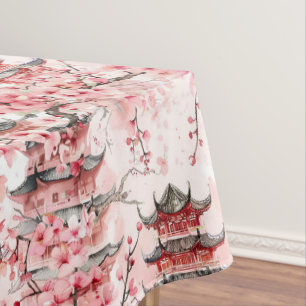 Nappe Pagode chinoise aquarelle aux fleurs de cerisiers
