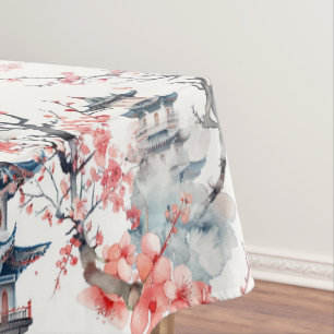Nappe Pagode chinoise aquarelle aux fleurs de cerisiers