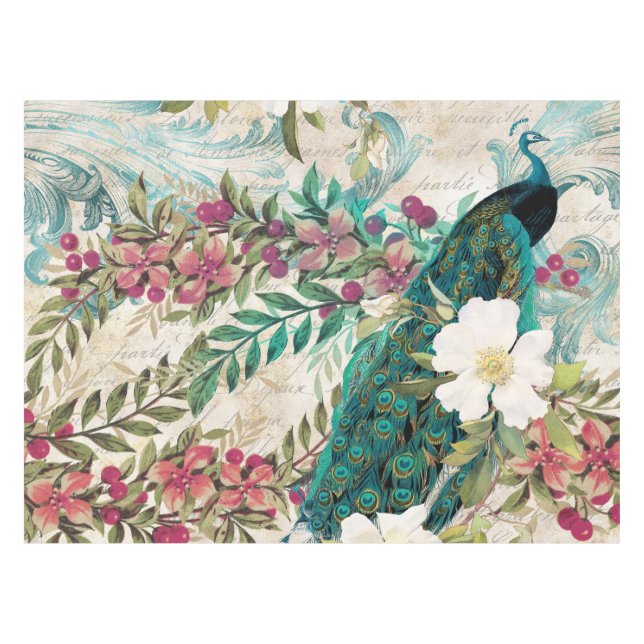 Nappe Paon et fleurs illustrés antiques grunge (Devant (Horizontal))