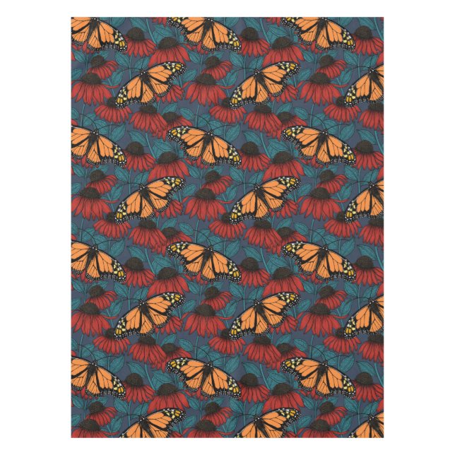 Nappe Papillon monarque sur des fleurs rouges (Devant)