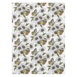 Nappe Papillons Jézabel et fleurs marguerites sur blanc