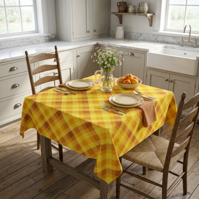 Nappe Petit Napperon à Carreaux Jaune de Jaune d'Oeuf (Cute Egg Yolk Yellow Plaid Small Tablecloth covering a table in a farmhouse style kitchen.)