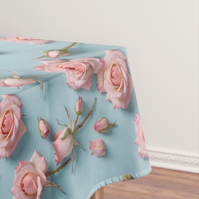 Nappe Pink Roses Scattered Across Light Blue Background (In Situ)