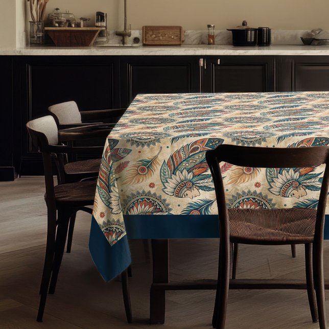 Nappe Plumes tribales autochtones bleu pastel cuivre (Native Ethnic Tribal Feathers pastel blue copper Tablecloth)
