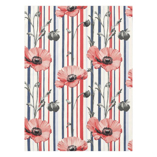 Nappe Poppies rouges avec Feuilles bleus et Motif rayé (Devant)
