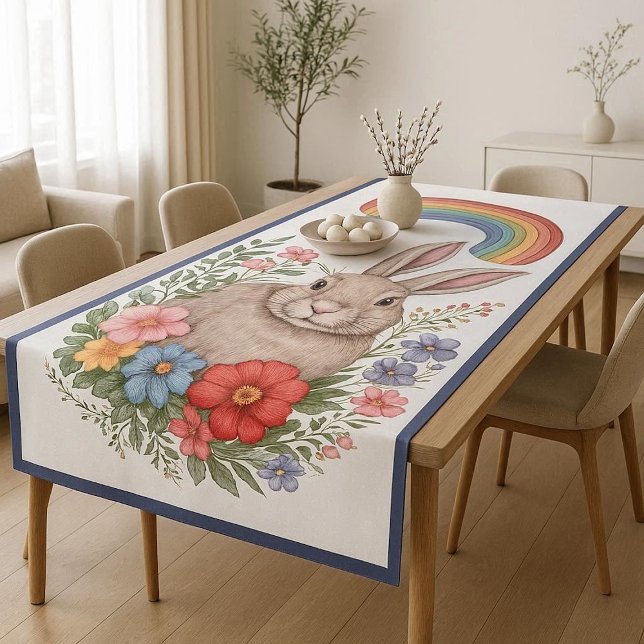 Nappe Prairie de Pâques Arc-en-ciel Fleurs printanières  (Easter Rainbow Meadow Spring Flowers Wild Rabbit Tablecloth)