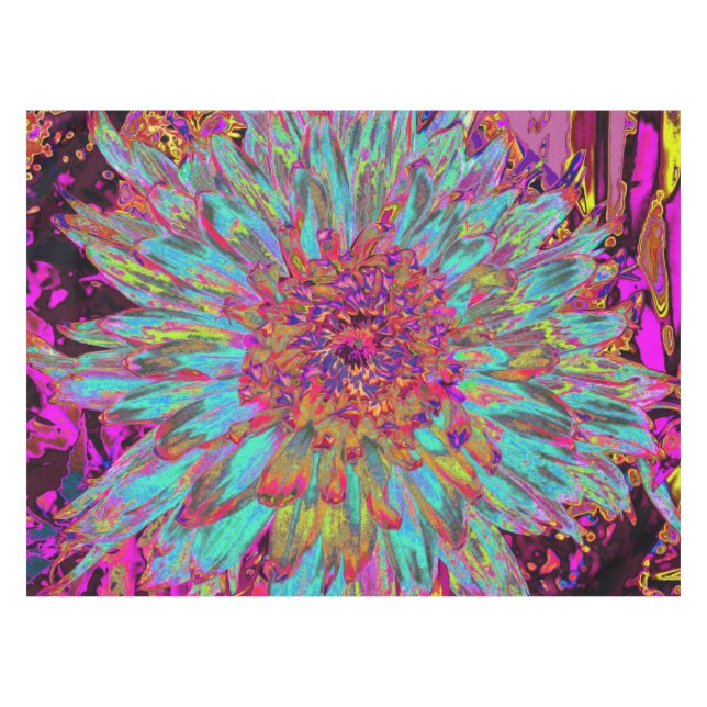 Nappe Psychédélique Turquoise Bleu Abstrait Dahlia décor (Devant (Horizontal))