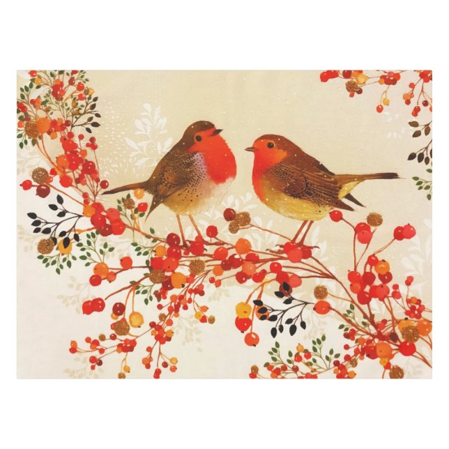 Nappe Red Gold Winter Birds Holly Berry Branches (Devant (Horizontal))
