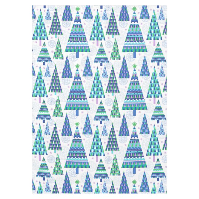 Nappe Retro Geo Scandi Arbres de Noël Bleu et Vert (Devant)