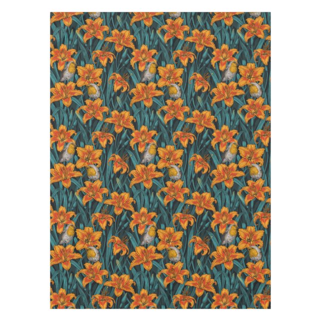 Nappe Robins et fleurs de lys, orange et bleu (Devant)
