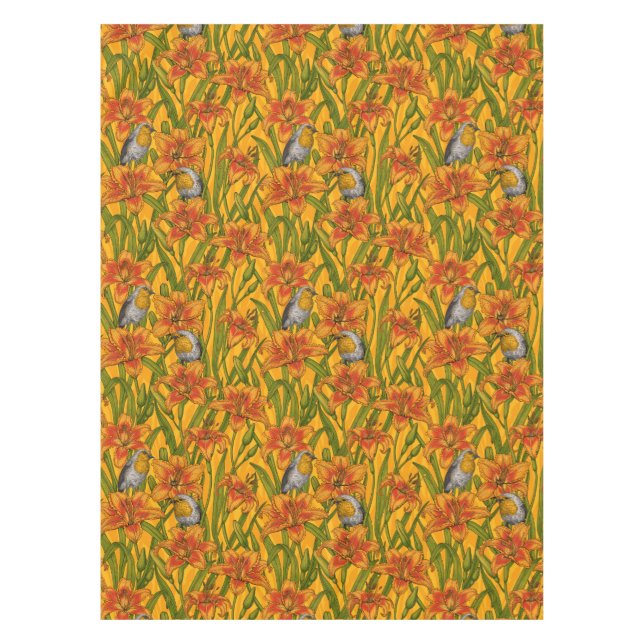 Nappe Robins et fleurs de lys, orange et vert (Devant)