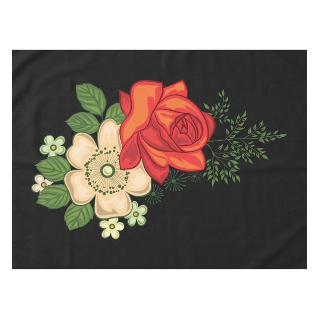 Nappe Rose rouge et marguerites sur fond noir (Devant (Horizontal))