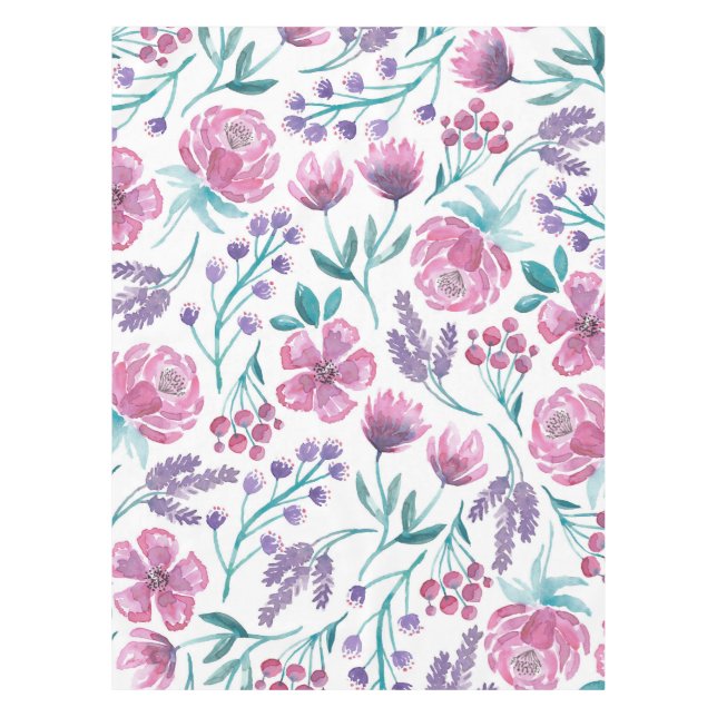 Nappe Rose violet Turquoise Aquarelle Fleurs Motif (Devant)