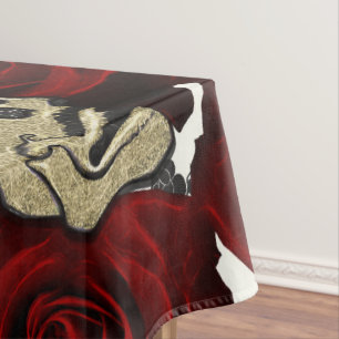 Nappe Roses Rouges & Crânes Floral Noir Gothique Blanc