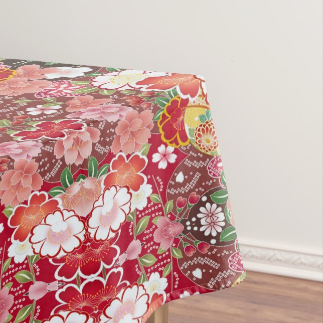 Nappe Rouge Blanc Rose Japonais Floral Coton Dîner (In Situ)