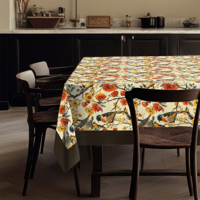 Nappe rustique avec oiseaux et automne Accent flor (Rustic Tablecloth with Birds and Fall Floral Accents)