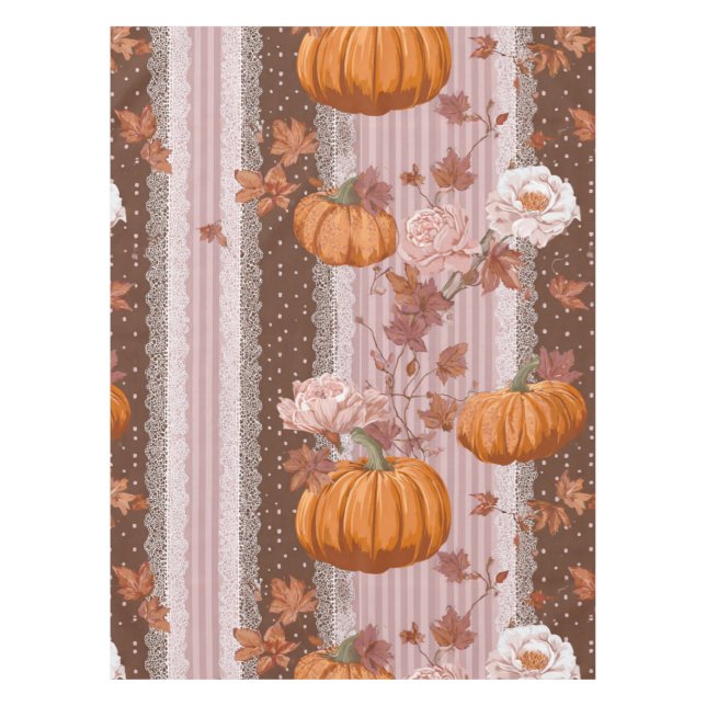 Nappe Rustique Citrouilles d'automne & dentelle fleurie  (Devant)