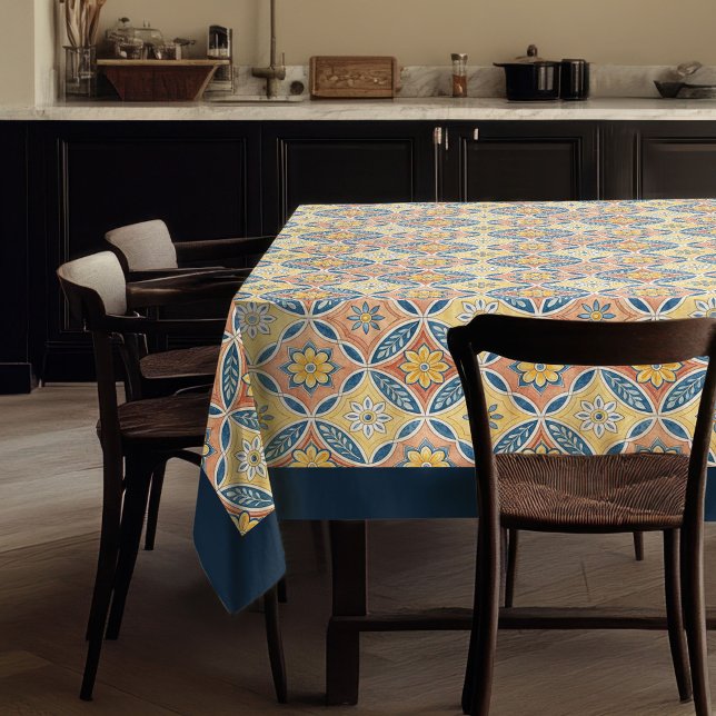 Nappe Rustique Méditerranée bleu et carrelage rose jaune (Rustic Mediterranean blue and pink tiles yellow Tablecloth)