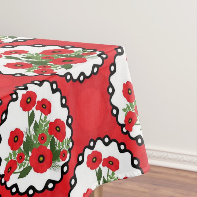 Nappe Shabby Chic Rouge, Black & White Poppies Florales (In Situ)