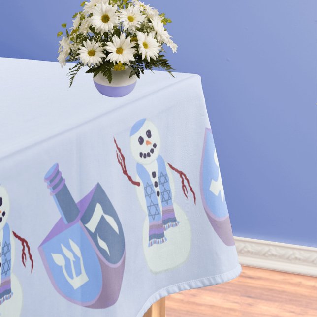 Nappe Snowman Dreidels Blue Jewish Holiday Hanukkah (Add your name and Hanukkah message in dark blue wording in the center of this custom tablecloth)