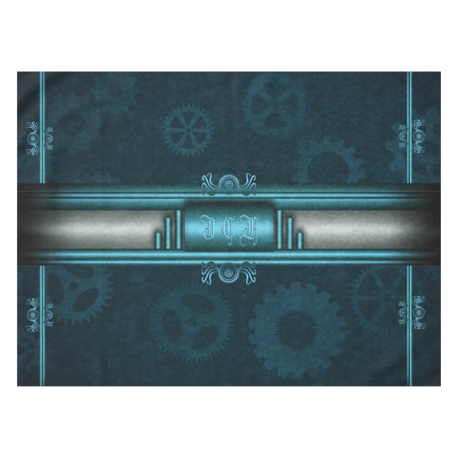 Nappe Steampunk, bleu glacé sur les cogs turquoises, Mon (Devant (Horizontal))
