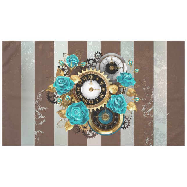 Nappe Steampunk Clock and Turquoise Roses on Striped (Devant (Horizontal))
