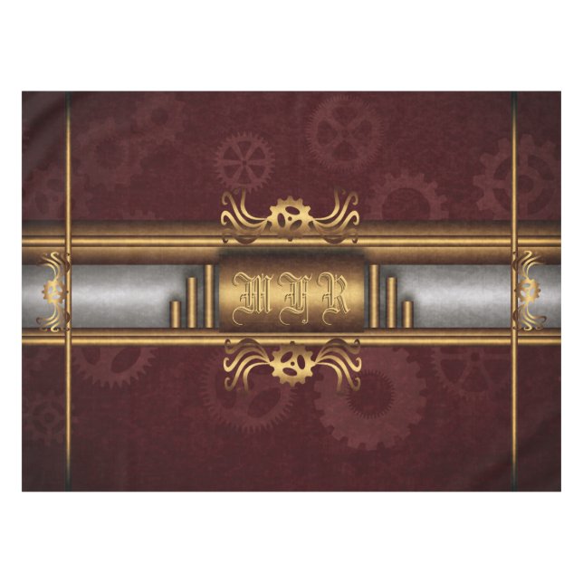 Nappe Steampunk, laiton sur roues marroon, Monogramme (Devant (Horizontal))