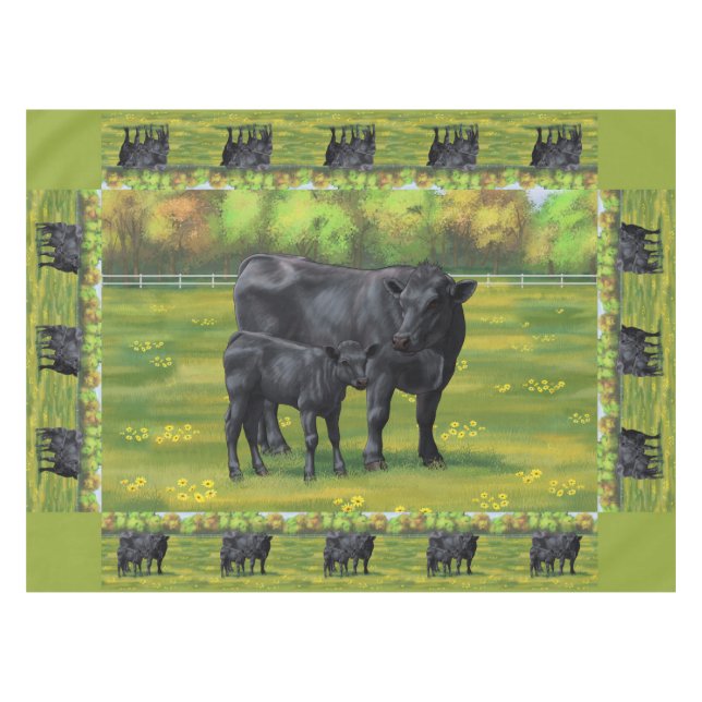 Nappe Vache d'Angus noir et veau mou en pâturage d'été (Devant (Horizontal))