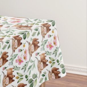 Nappe Vaches Highland et fleurs roses Motif Floral