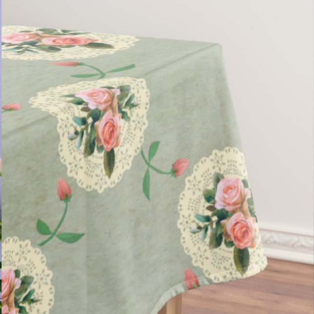 Nappe Vintage Rose Doiliers Faded Smoky Green Damask (Fun vintage style tablecloths! Perfect for your shabby chic home!)