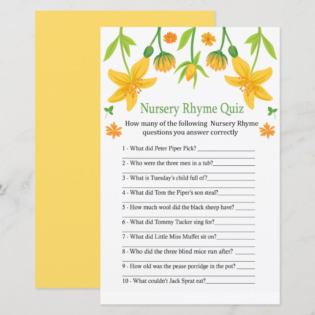 Narcissus Nursery Rhyme Quiz jeu de baby shower (Devant / Derrière)