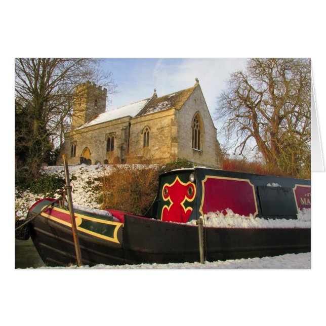 Narrowboat et église dans la neige (Devant horizontal)