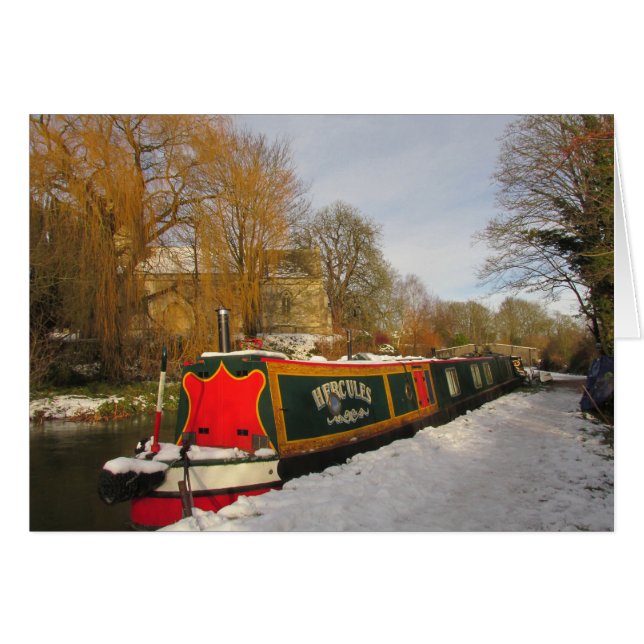 Narrowboat et église dans la neige (Devant horizontal)