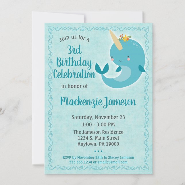 Narwhal Birthday Invitation Unicorn Whale (Devant)