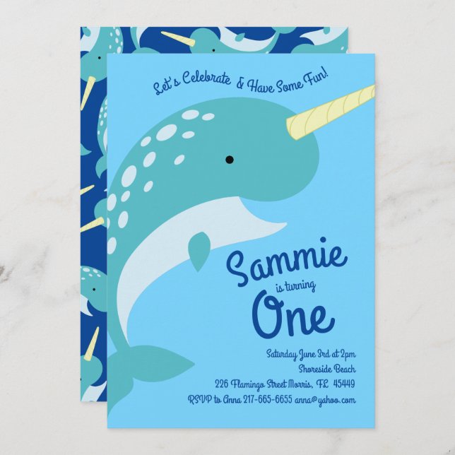 Narwhals Océan 1er anniversaire Invitations (Devant / Derrière)