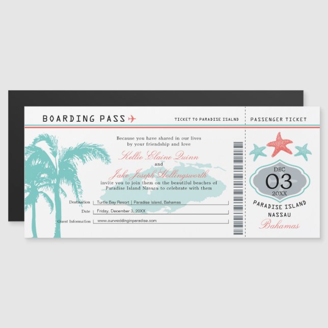 Nassau Bahamas Mariage Boarding Pass Invitation (Devant / Derrière)