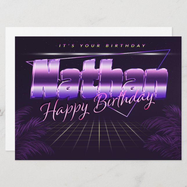 Nathan prénom carte rétro lilas pour anniversaire (Devant / Derrière)