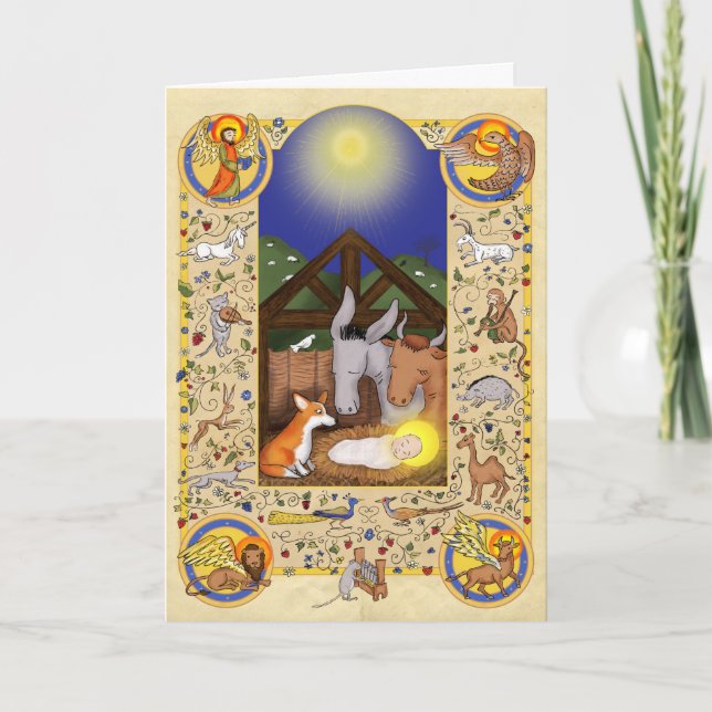 Nativité médiévale avec carte de Noël corgi (Devant)