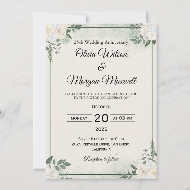 Natural Greenery Wedding Anniversary Invitations (Devant)