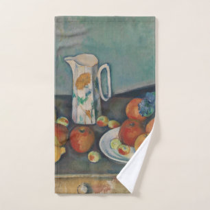 Nature morte, pichet de lait et fruits sur une tab