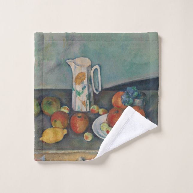Nature morte, Pot à lait et fruits sur une table,  (Gant de toilette)