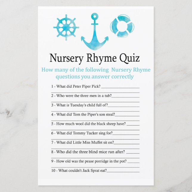 Nautical Ancre Nursery Rhyme Quiz bébé showergame (Devant)