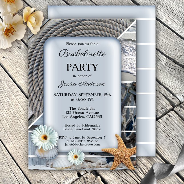 Nautical Beach Bachelorette Party Invitation (Nautical bachelorette party invitation featuring starfish, shells, rope and beach images)