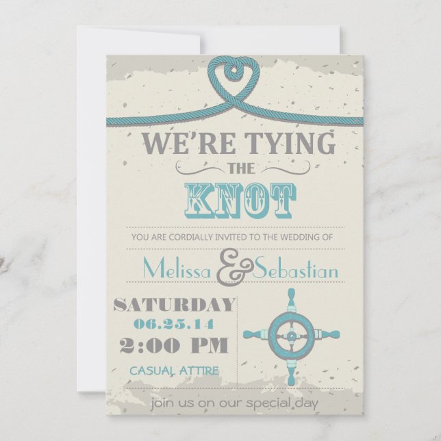 Nautical Beach Coeur Noeud de mariage Invitation (Devant)