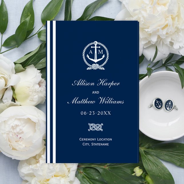 Nautical Navy Blue Anchor Wedding Monogram Program (Créateur téléchargé)