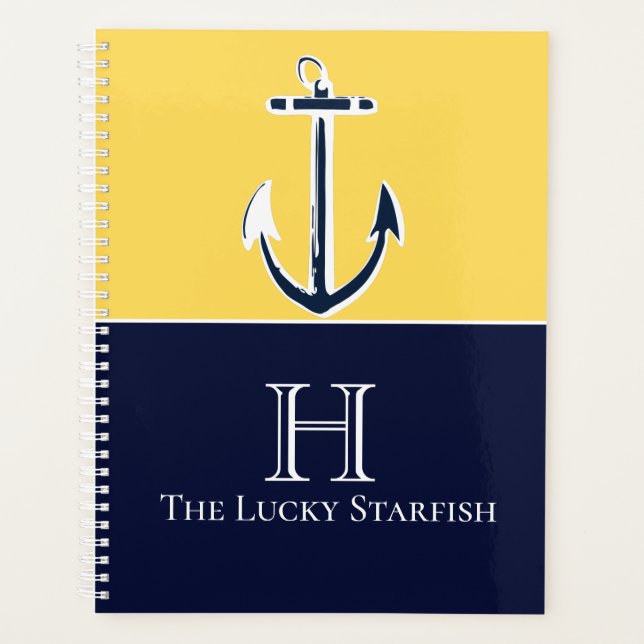 Nautical Navy Mustard Yellow Ancre maison de plage (Devant)